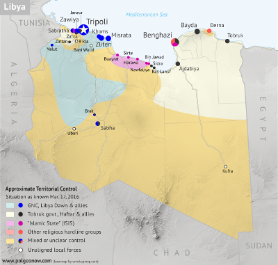 Libya control map: Shows detailed territorial control in Libya's civil war as of March 2016, including all major parties (Tobruk government, General Haftar's Operation Dignity forces, and Zintan militias; Tripoli GNC government, Libya Dawn, and Libya Shield Force; Shura Council of Benghazi Revolutionaries and other hardline Islamist groups; and the so-called Islamic State (ISIS/ISIL)). Also file under: Map of Islamic State (ISIS) control in Libya. Now includes terrain and major roads. Color blind accessible.