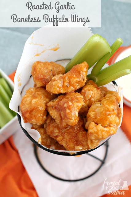 Perfectly breaded & fried chicken nuggets are tossed in a flavorful & spicy sauce in these Roasted Garlic Boneless Buffalo Wings.