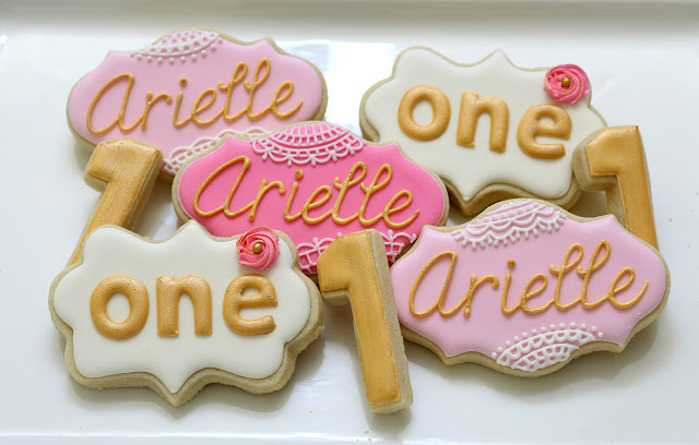 lace, pearl, gold cookies, girly first birthday party cookies