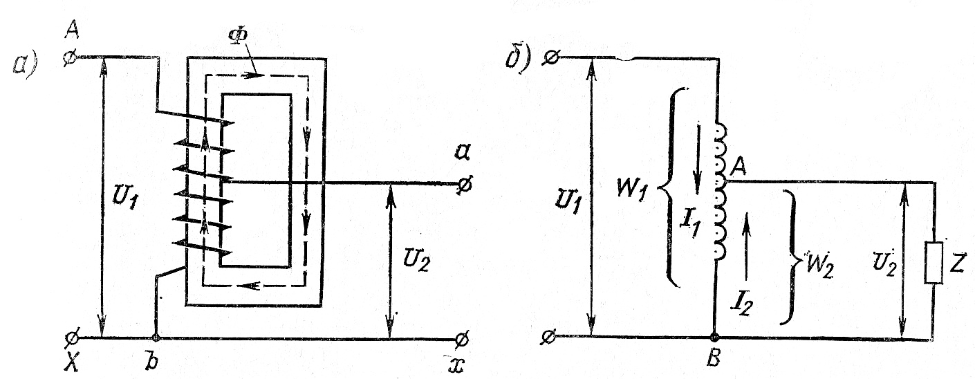 Устройство (а) и схема включения (б) автотрансформатора