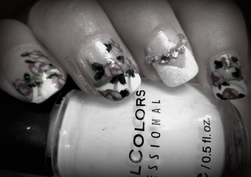 Floral manicure with rhinestones