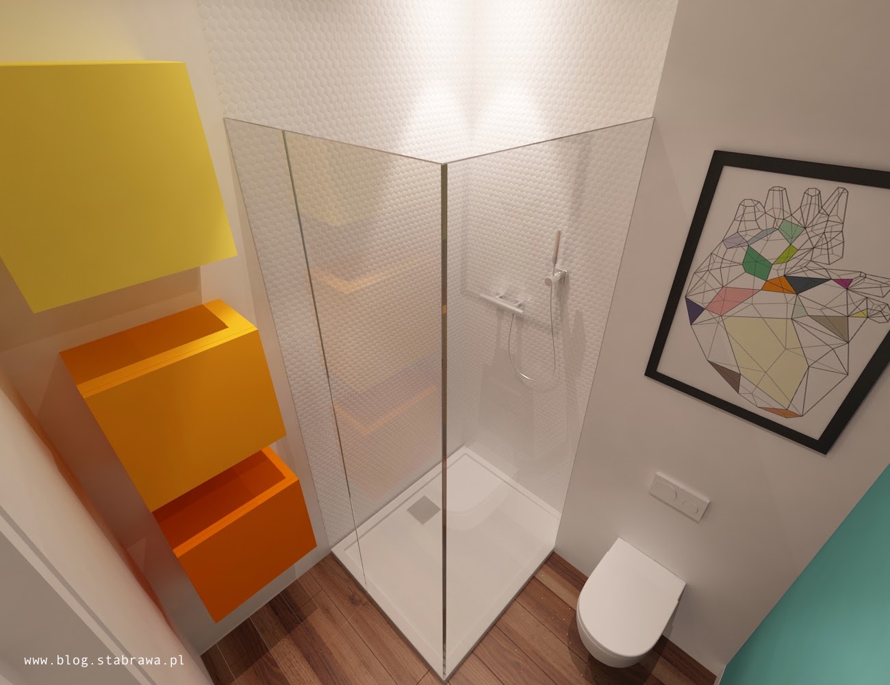 łazienka nowoczesna, żywica grzejnik dekoracyjny kolor, mozaika 