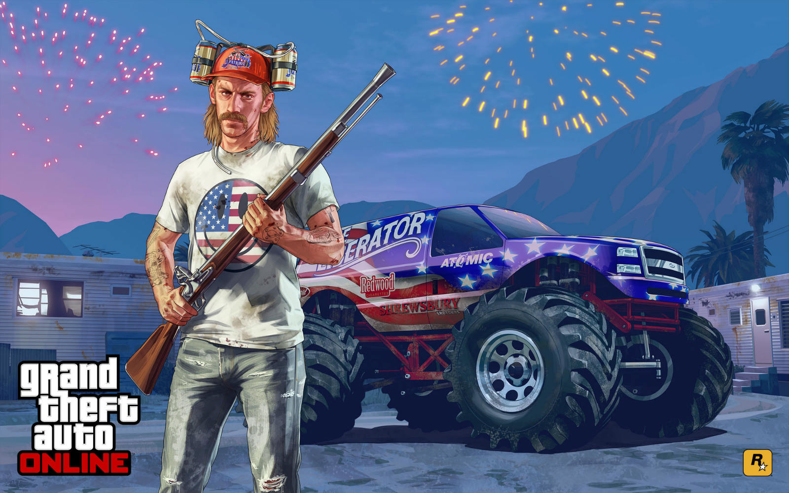 US Flag Smiley Face T-Shirt as seen on the armed redneck in Grand Theft Auto online's Independance Day Special posing with monster truck The Liberator. PYGear.com US Flag Smiley Face T-Shirt as seen on the armed redneck in Grand Theft Auto online's Independance Day Special posing with monster truck The Liberator. PYGear.com
