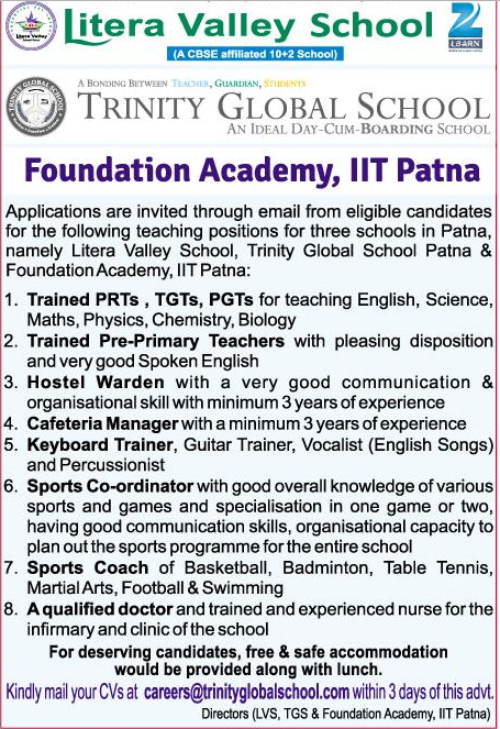 Litera Valley School Patna Wanted Prt Plus Tgt Plus Pgt Faculty
