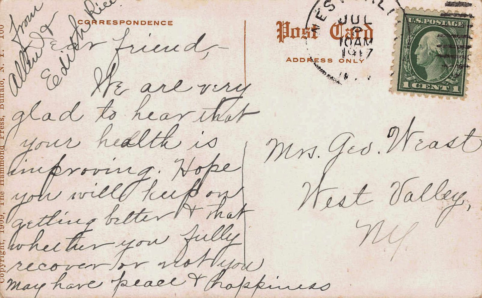 Olive Tree Genealogy Blog 1917 & 1918 Postcards West Valley New York