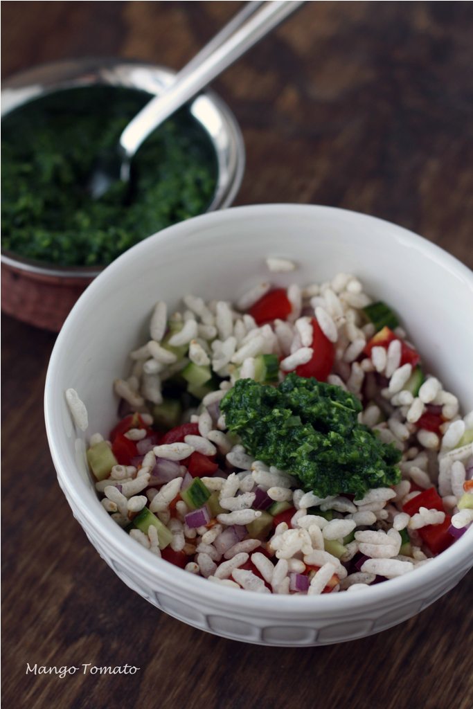 Mango & Tomato Mint & Parsley Chili Chutney & an Indian snack