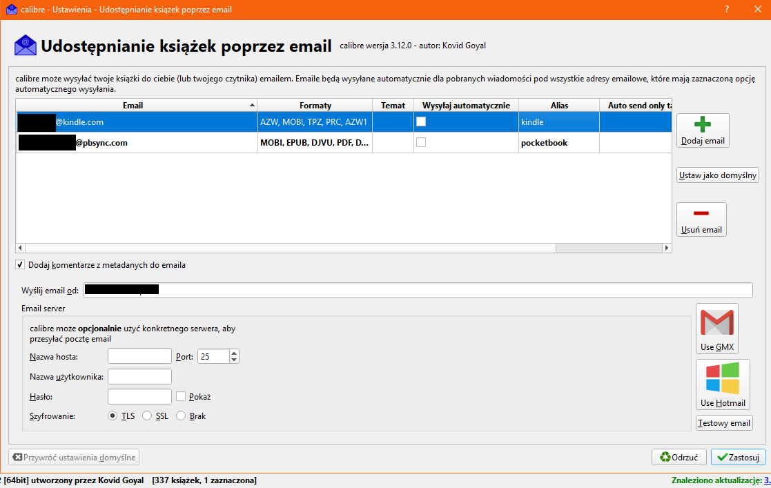 Ustawienia wysyłki e-booków przez e-mail w programie Calibre