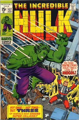 Incredible Hulk #127, In his first appearance, Tyrannus robot Mogol lifts a building ready to throw it at the Hulk who is leaping down to fight him, Herb Trimpe