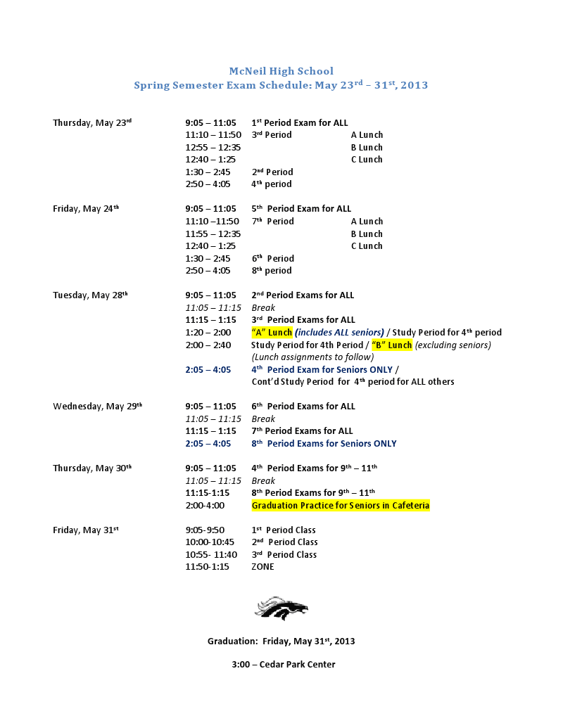 McNeil High School World History Final Exam Schedule