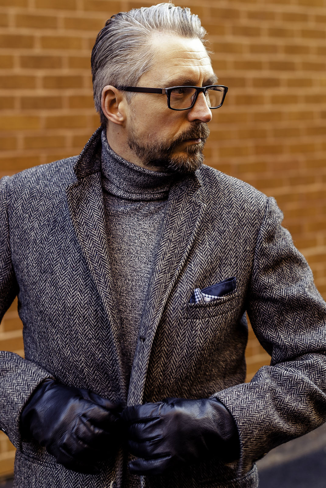 Smart casual menswear; roll-neck \ grey tweed blazer \ skinny jeans \ tan brogues - Silver Londoner, over 40 menswear