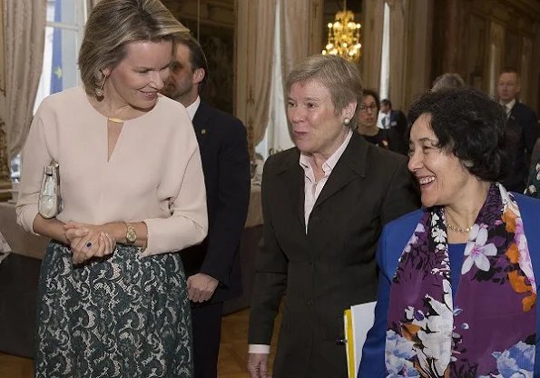 Queen Mathilde at the Children and Armed Conflict conference. Queen Mathilde wore Natan top and Natan lace skirt
