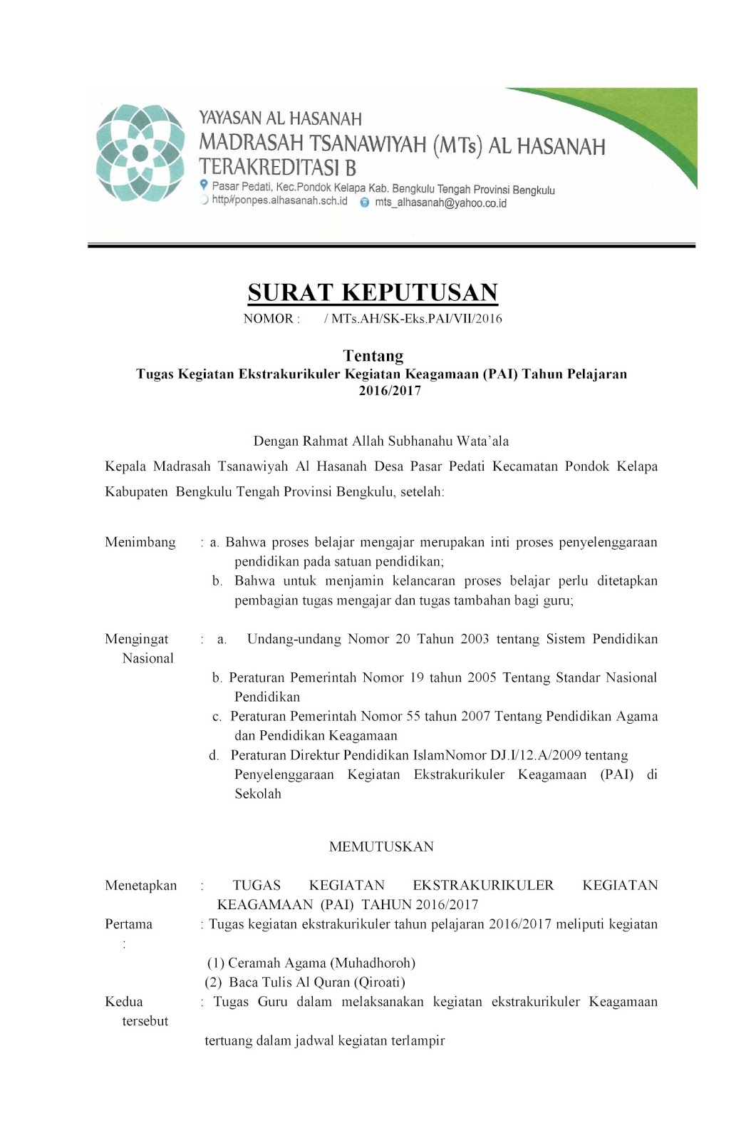 Contoh Sk Pembina Ekskul Keagamaan Guru Berbagi