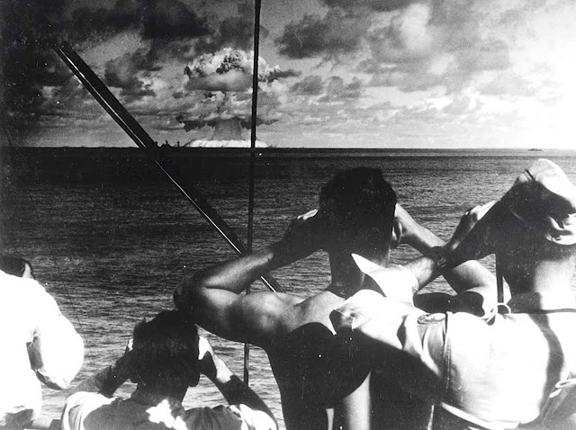 U.S. military observers watch the explosion during Operation Crossroads Baker, a nuclear test conducted on Bikini Atoll on July 25, 1946. This was the fifth nuclear explosion ever, after two other tests and the two bombs dropped on Hiroshima and Nagasaki.