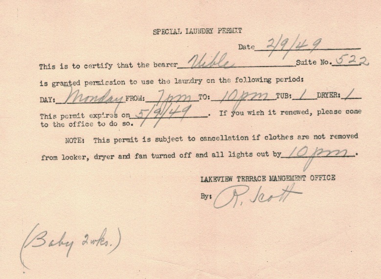 Uibles A Family Blog 1949 Special Laundry Permit