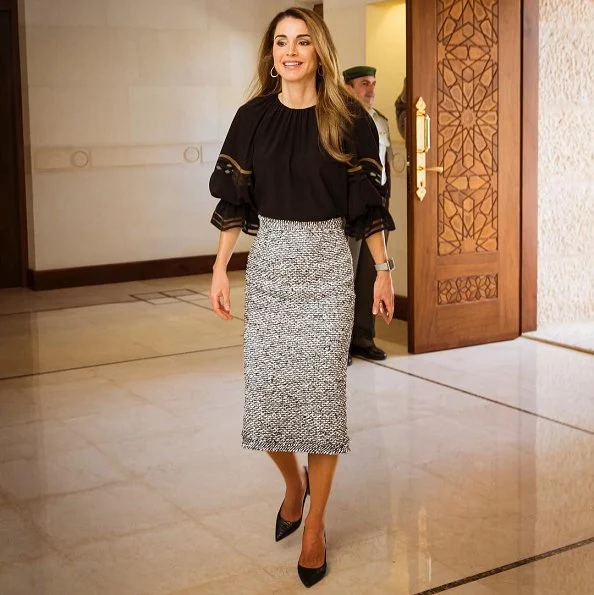 Queen Rania wore FENDI Mesh trimmed silk blouse and Roland Mouret Norley High waisted Tweed Pencil Skirt and Yves Saint Laurent pumps