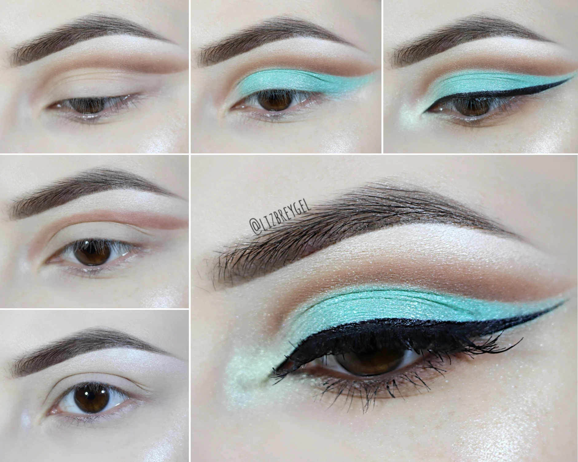a collage with a makeup pictorial showing how to do an cut crease eye look inspired by Nicki Minaj