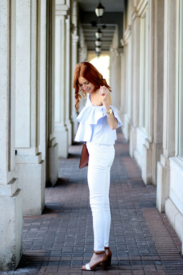 Cinco de Mayo outfit, Zara one shoulder ruffled top, white AE denim