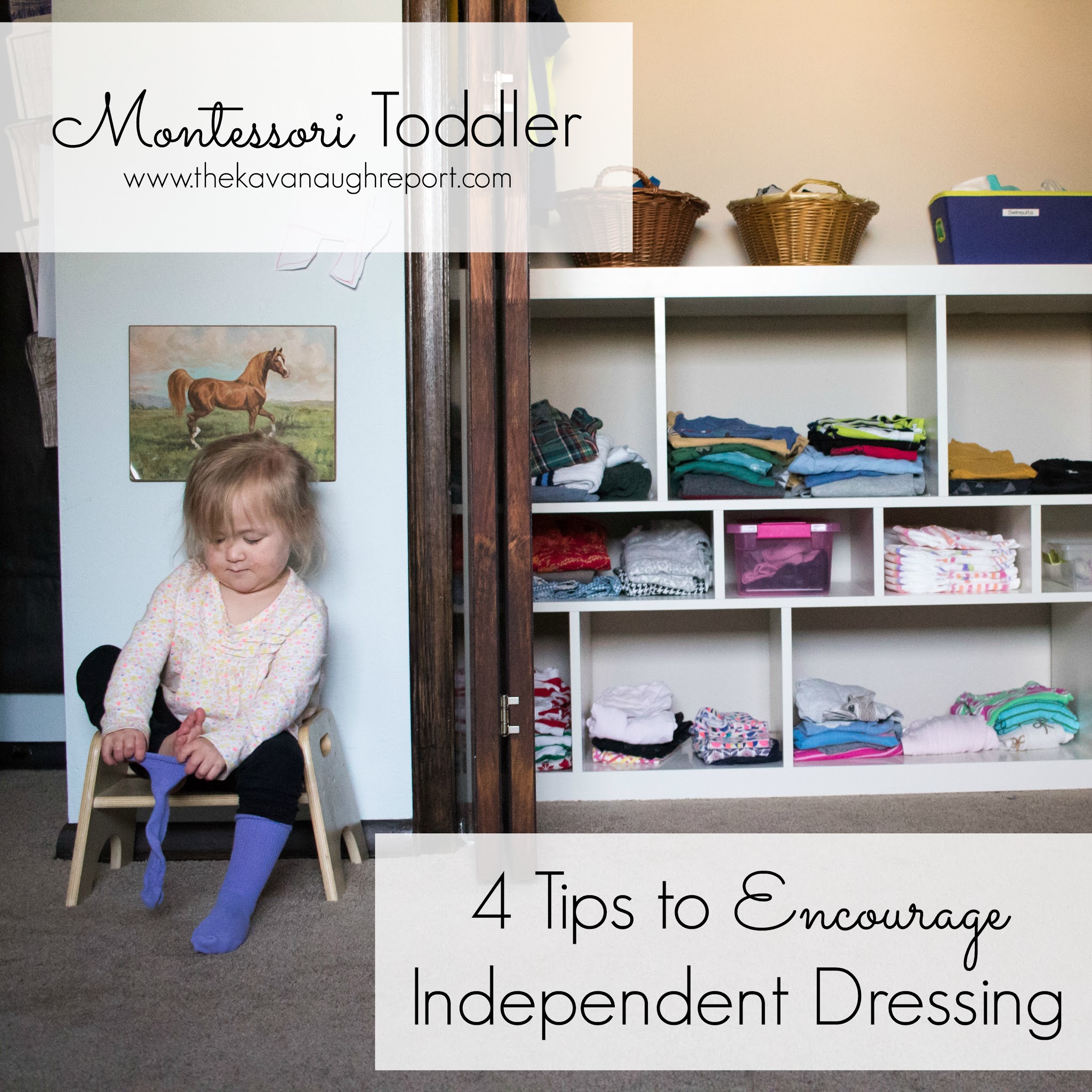 It can be difficult to get toddlers to dress themselves. Here are four Montessori tips to encourage independent dressing. These easy ideas can take away the struggles around dressing.