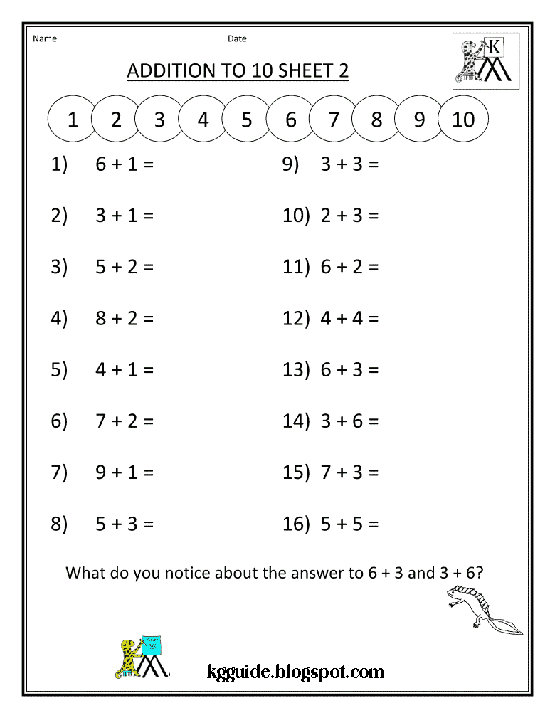 MATHS WORKSHEET FOR KINDERGARTEN (ADDITION)