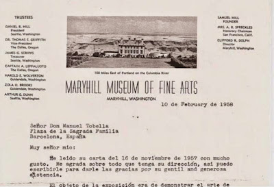 Carta del Maryhill Museum a Manuel Tobella