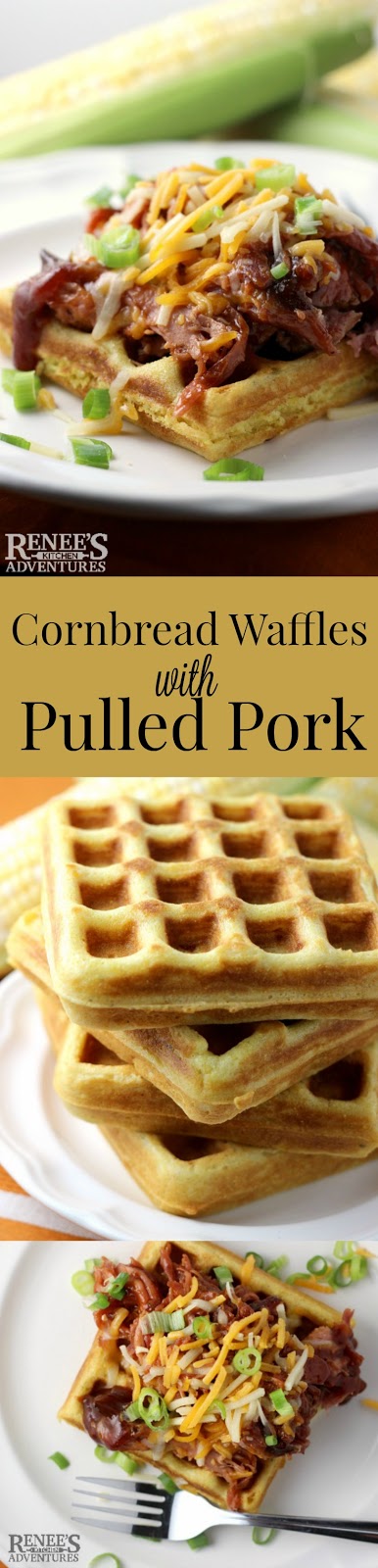 Cornbread Waffles with Pulled Pork | by Renee's Kitchen Adventures is an easy recipe for cornbread waffles topped with store-bought pulled pork for a fun and easy dinner idea!  #SundaySupper
