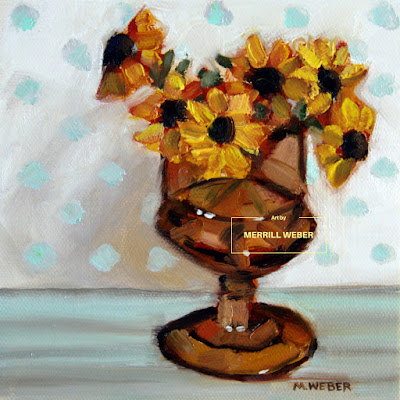 Small floral oil painting featuring amber glass and black-eyes Susans https://www.etsy.com/listing/635042283