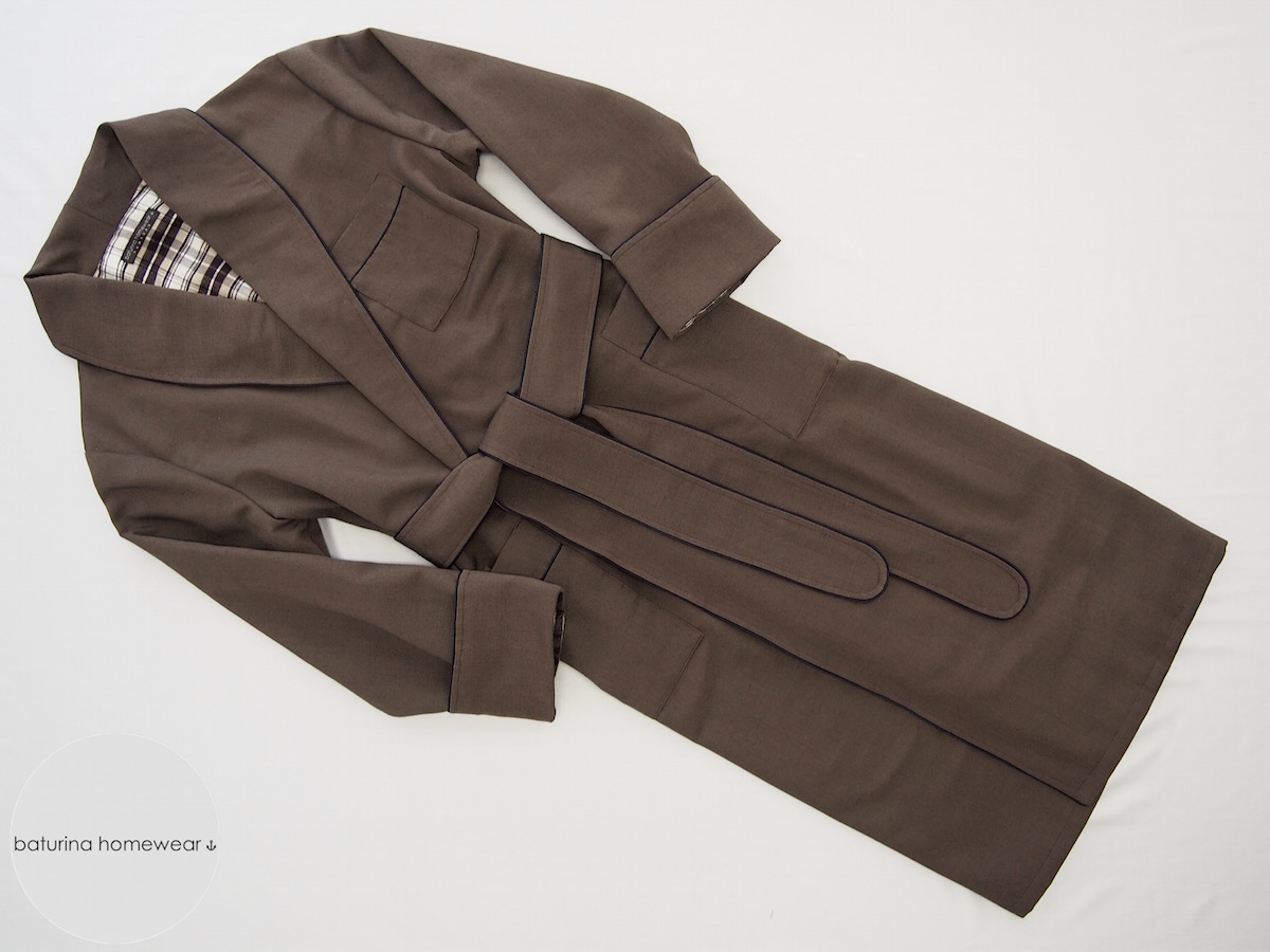 Long Brown Silk Men's Dressing Gown Lined with Warm Plaid Cotton Flannel