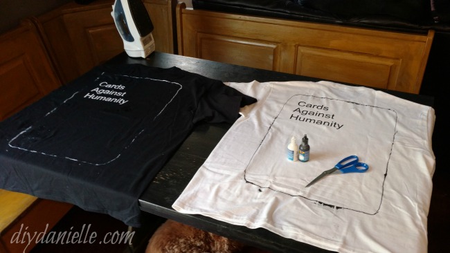 Finishing touches on the Cards Against Humanity costume. Iron on Vinyl on the Cards Against Humanity costume.