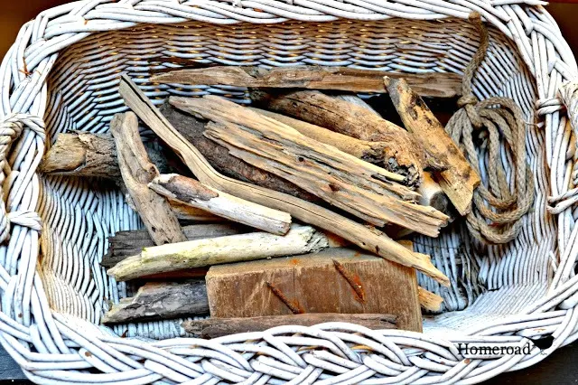 White basket of driftwood