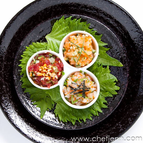 Chef Jenn japanese tapas trio of tartare tuna, salmon, hamachi