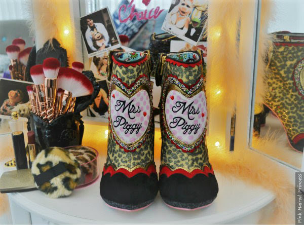 Irregular Choice Disney Muppets Fierce Piggy boots front Muppets Miss Piggy boots on vanity table