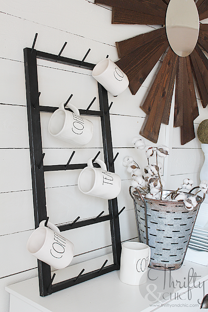 DIY coffee cup display rack. Easy to wall mount! Great way to display Rae Dunn pieces. DIY farmhouse decor