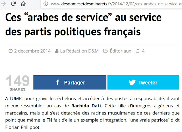 Des Dômes et Des Minarets et un de ces sites islamistes qui usent de propos racistes comme "arabe de service" pour cibler les "traîtres".