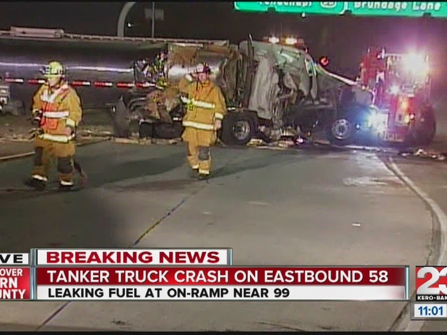Tanker Truck Leaks Fuel after Crash on Highway 99 Bakersfield Nelson