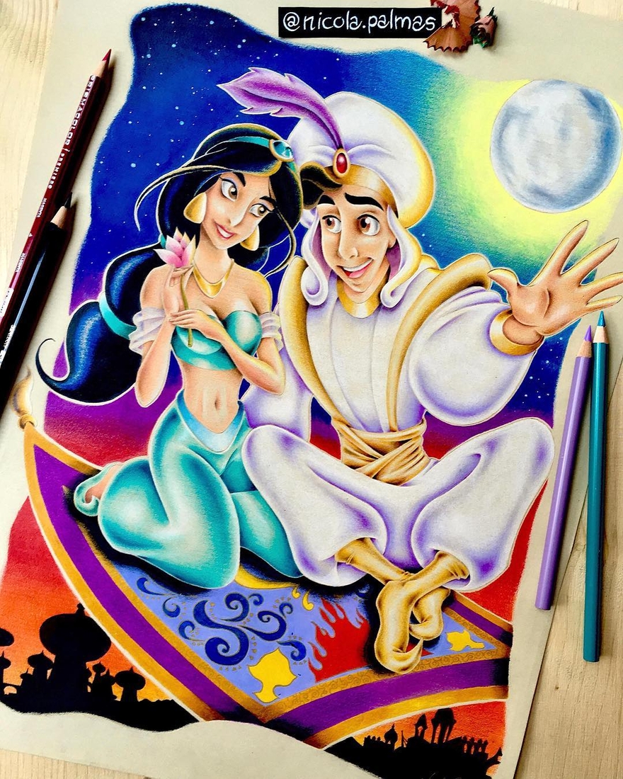 12-A-Whole-new-World-Aladdin-Nicola-Palmas-Walt-Disney-Characters-Art-Illustrations-www-designstack-co