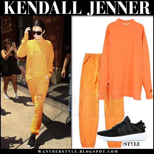 Kendall Jenner in orange sweatpants and orange sweatshirt in New York ...