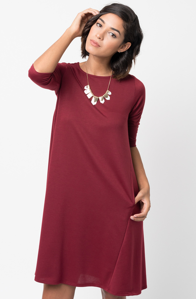 Burgundy Pocket Terry A Line Dress Swing Long Sleeve Crew Neck 