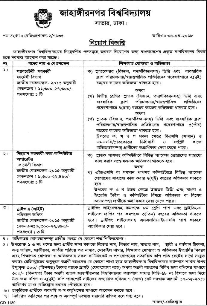 Jahangirnagar University (JU) Job Circular 2018