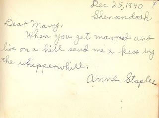 Anne Staples in autograph book belonging to Mary Davis Slade 1940-41