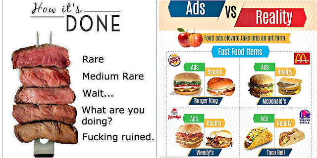 Pictures / Funny food advertisements / https://winedineandplay.blogspot.com/p/pictures_6.html From how to cook a steak to what you really get from fast foods