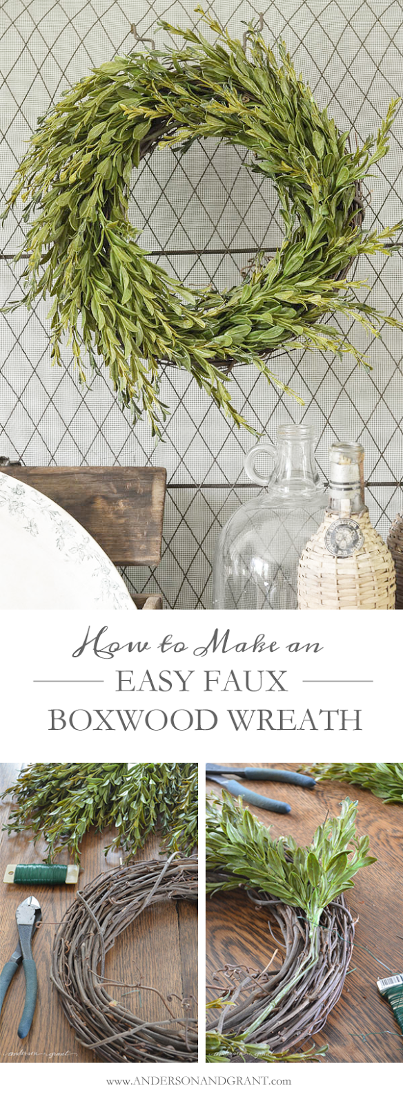 Create your own beautiful boxwood wreath for under $15!  Easy DIY Tutorial at www.andersonandgrant.com  #wreath #DIY #decorate