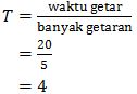 Rumus periode getaran gerak harmonik, T= (waktu getar)/(banyak getaran), dalam waktu 20 sekon terjadi 5 getaran