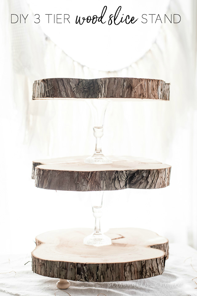 How to make a rustic three tier stand with reclaimed wood slices and glass candlesticks. | personallyandrea.com