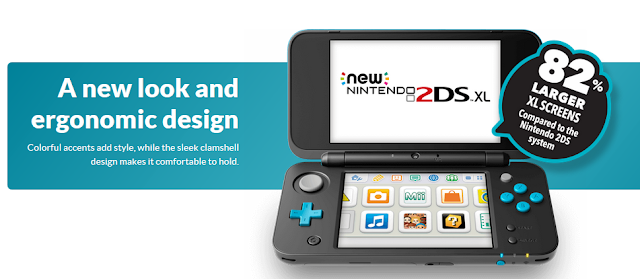New Nintendo 2DS XL 82% larger screens size ergonomic design clamshell