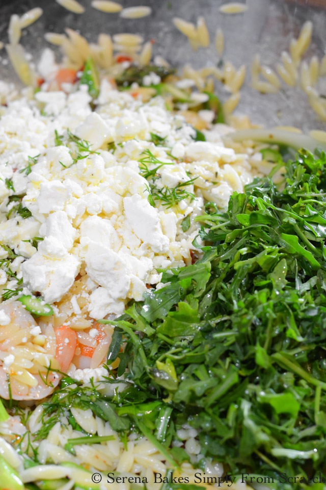 Roasted Shrimp Asparagus Orzo Pasta Salad with feta cheese, and chopped arugula from Serena Bakes Simply From Scratch.
