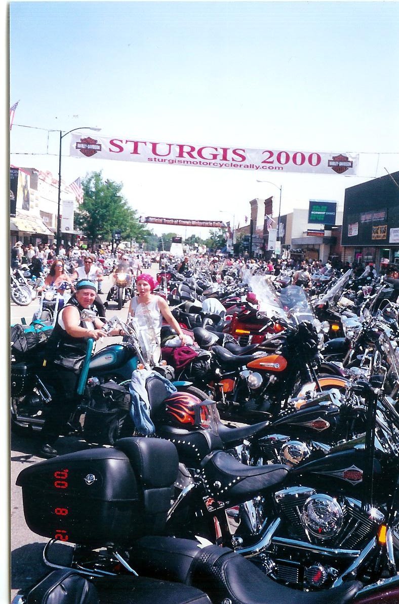 1947 Knucklehead in crowd of bikes at Sturgis 2000