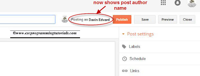 New blogger post editor showing post author's name