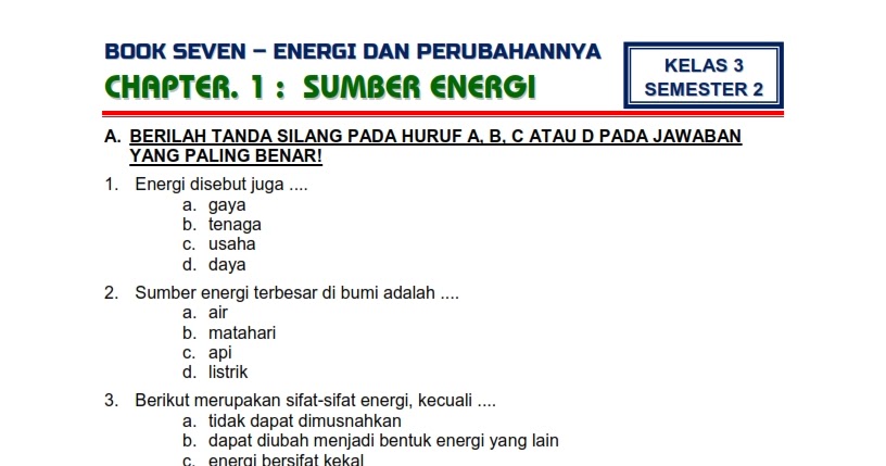 Download Soal Tematik Kelas 3 Semester 2 Tema 7 Subtema 1 Energi Dan Perubahannya Sumber Energi Edisi Terbaru Download Kumpulan Soal
