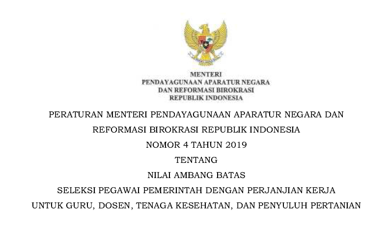 Tentang Nilai Ambang Batas Seleksi Pegawai Pemerintah Dengan Perjanjian Kerja Permenpan Nomor 4 Tahun 2019 Tentang Nilai Ambang Batas Seleksi PPPK