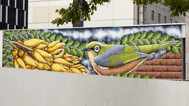 Street art in Christchurch New Zealand: colorful bird